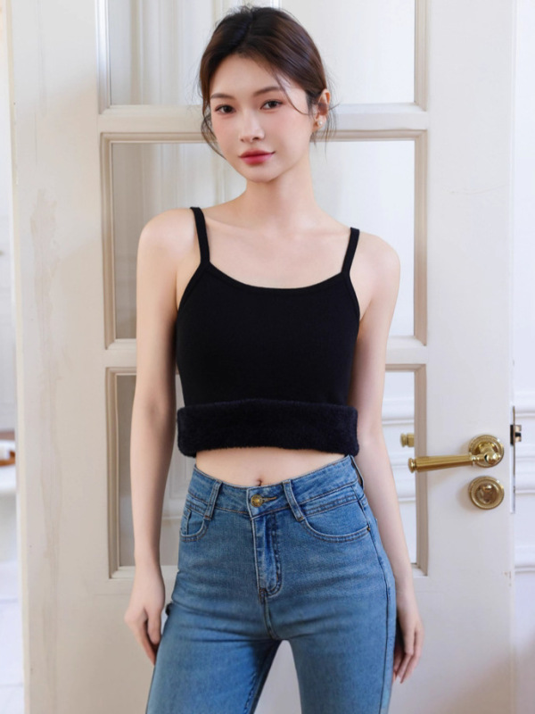 秋冬加绒加厚莫代尔仿貂毛一体绒针织吊带保暖内搭休闲打底背心女|undefined
