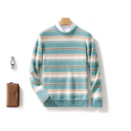 2025秋冬新款100纯羊毛衫男士小清新渐变条纹圆领毛衣宽松羊绒衫