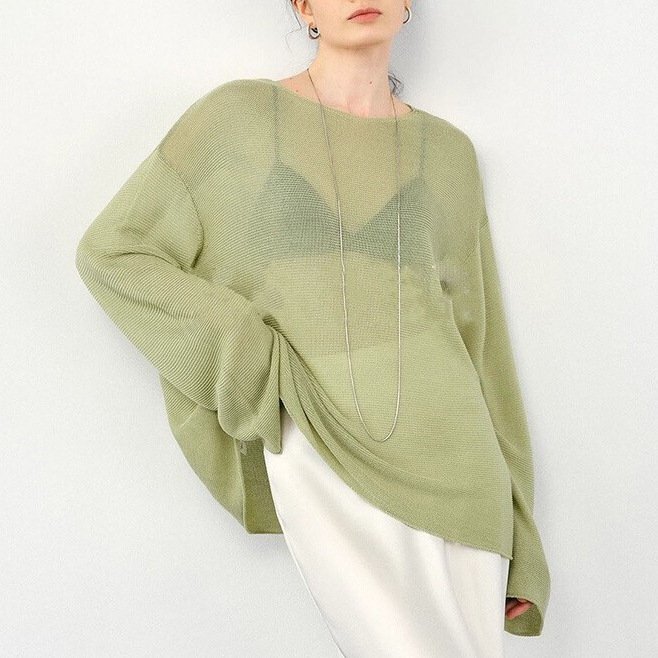 Open/Silk Cotton Minimalist ROW Style Loose Roll-up Long-sleeved Top Slightly Lazy Style Knit Sweater for Women