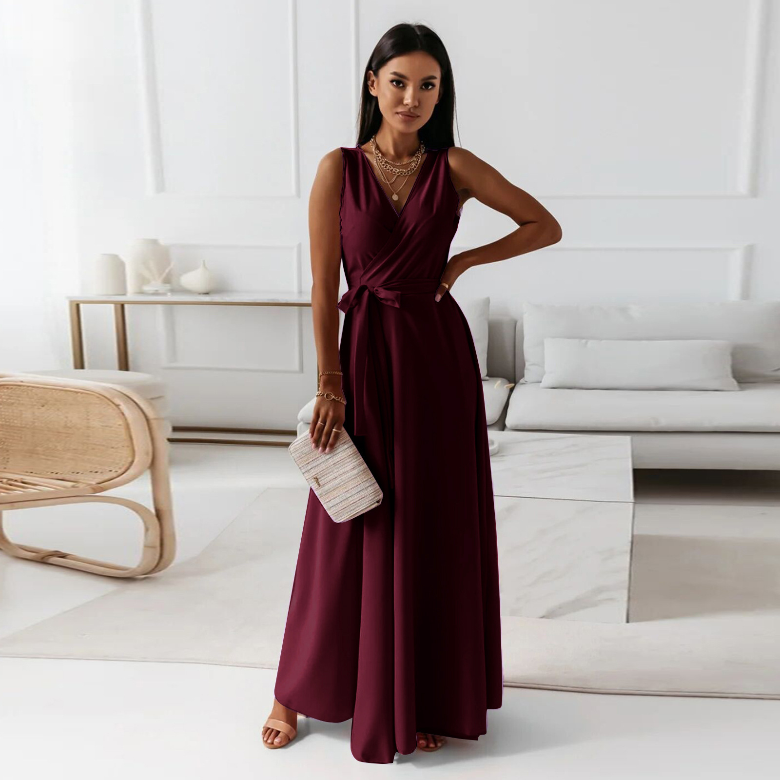 2025 Independent Station European And American Cro-Border Spring Summer New Women's Solid Color V-Neck Long_ecoleips.com