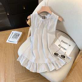 条纹蝴蝶结衬衫夏季洋气无袖背心设计感衬衣高级感显上衣現貨
