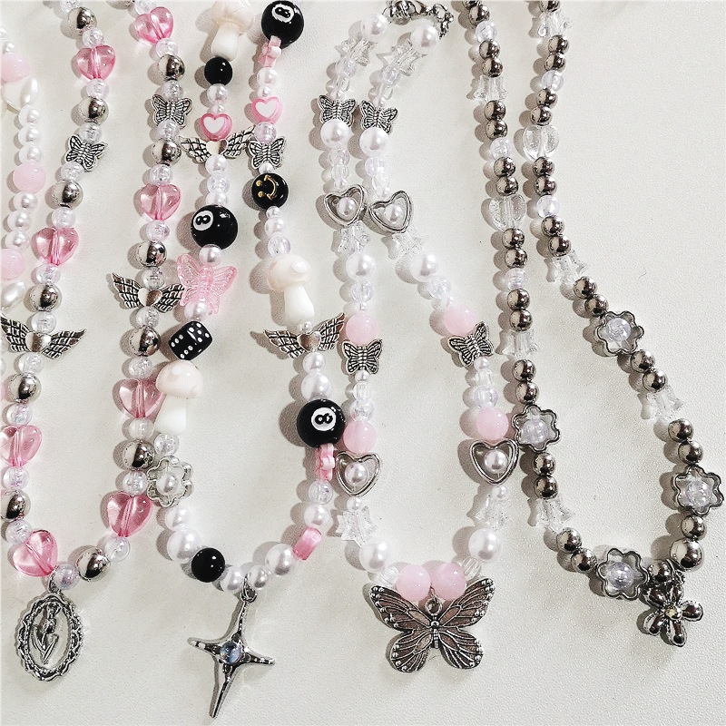 Collana con ciondolo a forma di farfalla, stella, croce, cuore e fiore in metallo Y2K, perle acriliche_voghion.com