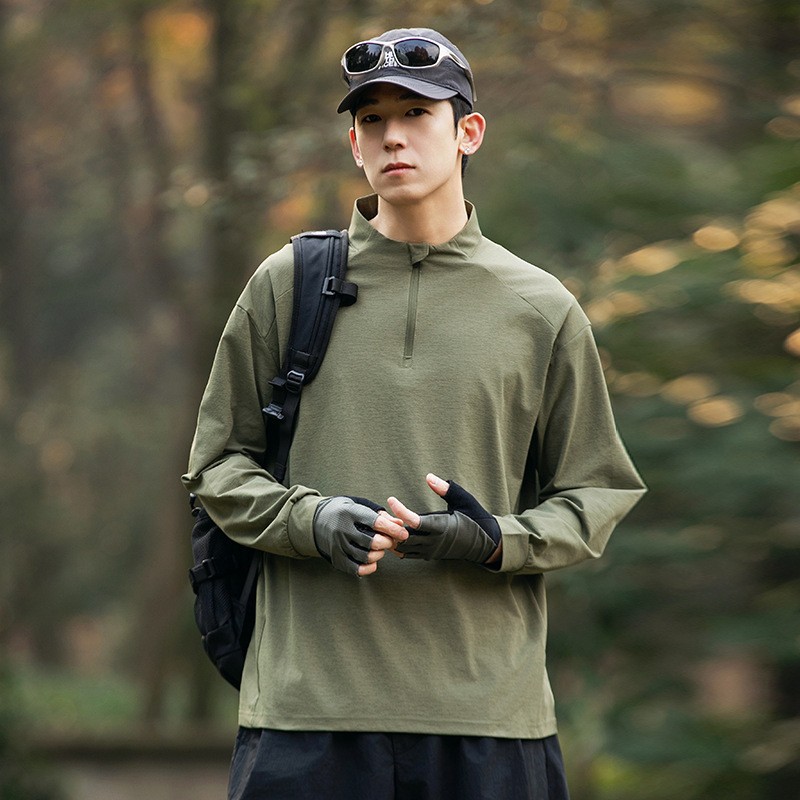 Mountain Outdoor Sunscreen Moisture Absorption Quick-drying Base Shirt 5A Antibacterial Training Sports Semi-high Collar Zipper Long Sleeve T-shirt for Men