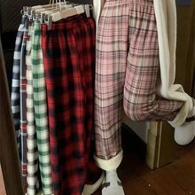 秋冬款羊羔绒格子裤加绒加厚休闲女裤高腰显瘦宽松直筒百搭阔腿裤