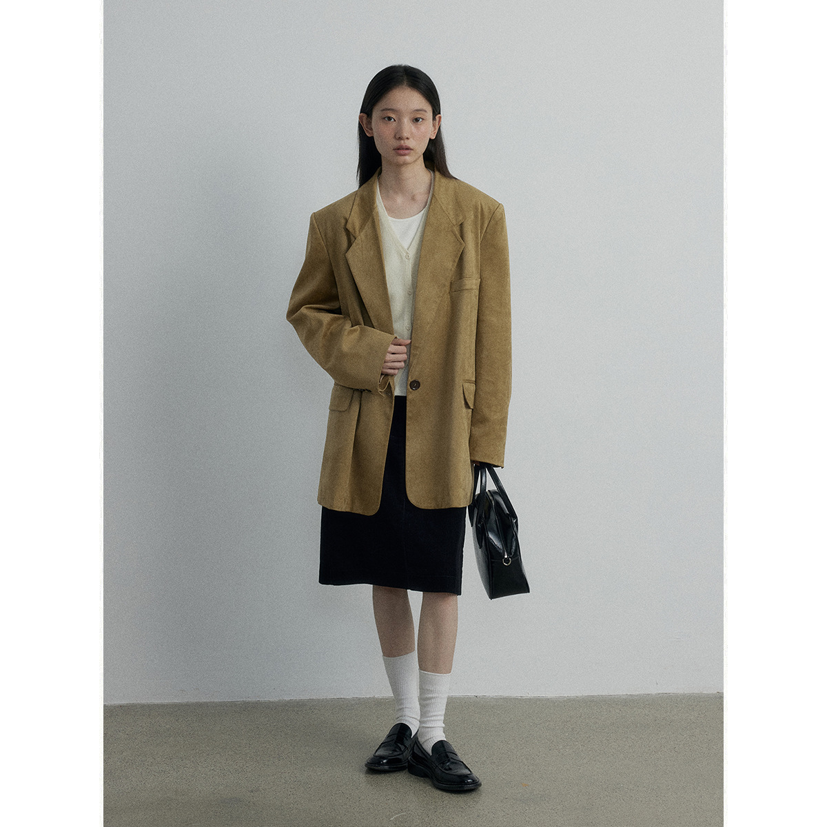 [Daihe] Autumn New Casual Lapel Suede One Button Loose Medium and Long Suit Jacket Female H7242