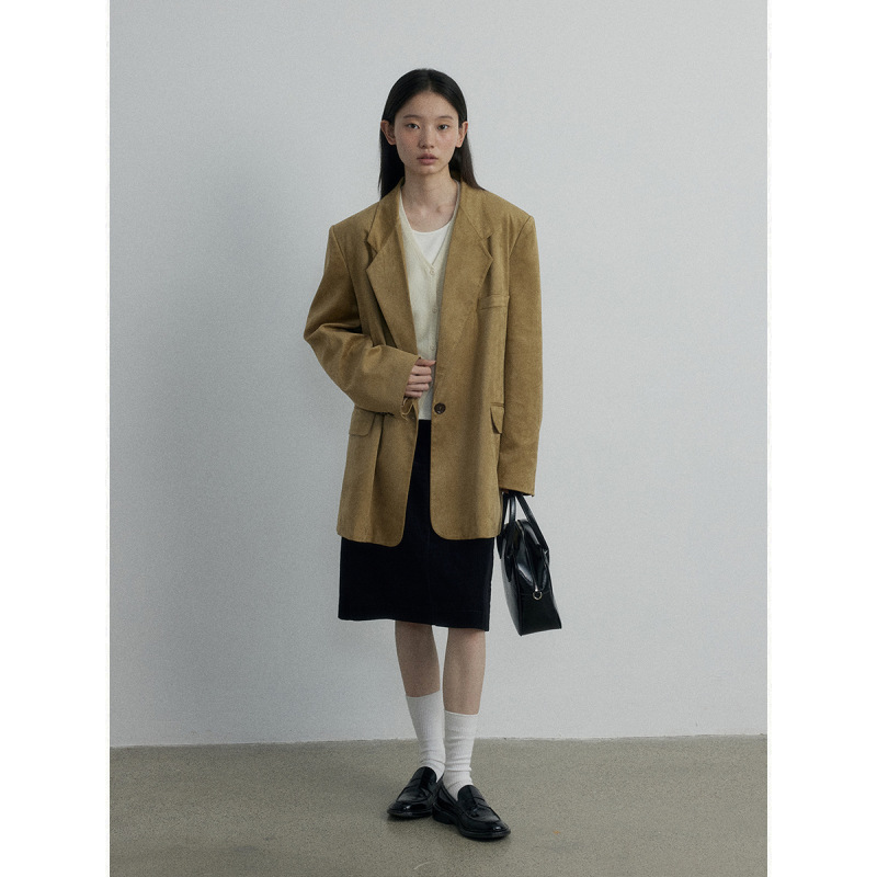 [Daihe] Autumn New Casual Lapel Suede One Button Loose Medium and Long Suit Jacket Female H7242