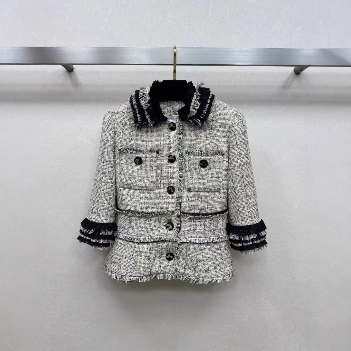 Nanyou Direct Supply 25 Autumn/Winter French Style Color-Block Tweed Tassel Jacket Classic Turn-Down Collar Large Pocket Top