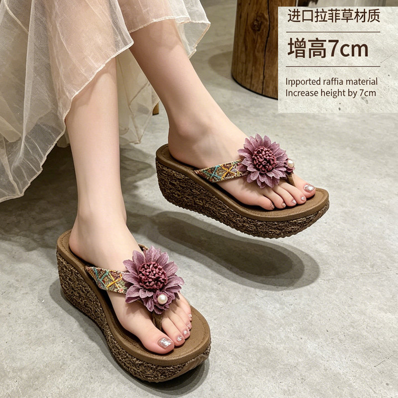 Retro Floral Wedge Sandals for Women, Summer Outdoor Wear, Thick-Soled Flip-Flops, Comfortable Non-Slip Soft Sole, Mom's Travel and Vacation Style Retro Floral Wedge Sandals for Women, Summer Outdoor Wear, Thick-Soled Flip-Flops, Comfortable Non-Slip Soft Sole, Mom's Travel and Vacation Style