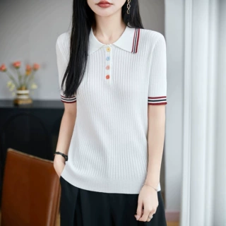 夏季新款冰丝Polo领针织衫短袖女彩扣坑条拼色薄款打底衫t恤上衣