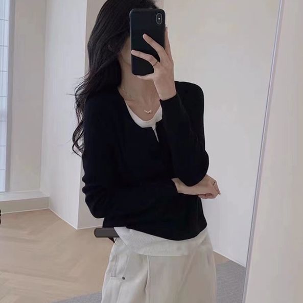 大码黑色假两件长袖T恤女秋季韩版不规则拼接修身显瘦打底衫上衣|undefined