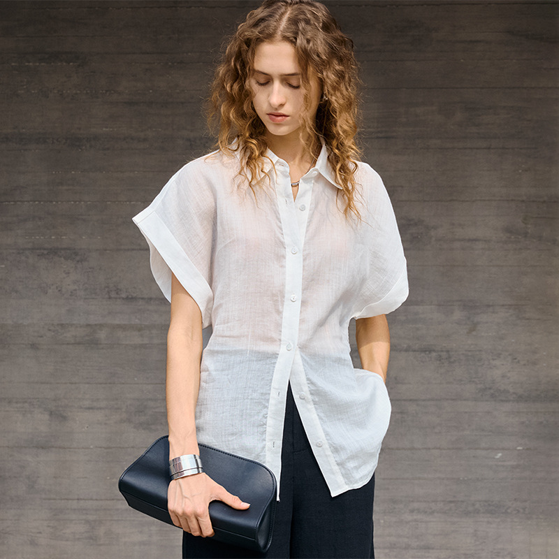 [Limited Time Offer] 100% Ramie Shirt with Turn-Down Collar, Short Sleeve, Women's High-Thread-Count Lightweight and Breathable Top, Summer Commuter Shirt