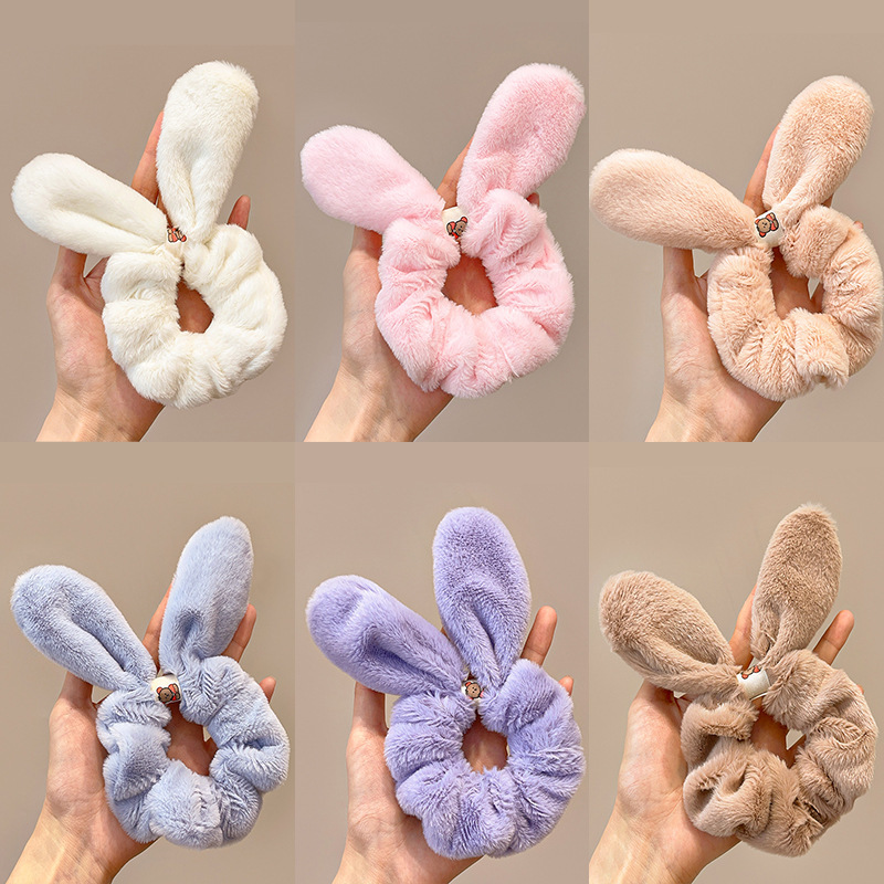 Autumn and winter plush rabbit ears knotted hair ring hairy pig large intestine ring horsetail head rope rubber band cross-border hair accessories
