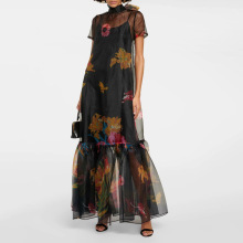 法式复古印花长裙2025新款网纱设计时尚高级感短袖长款连衣裙女夏