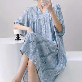短袖棉绸睡裙女夏薄款宽松大码家居服套装可外穿休闲中长款连衣裙