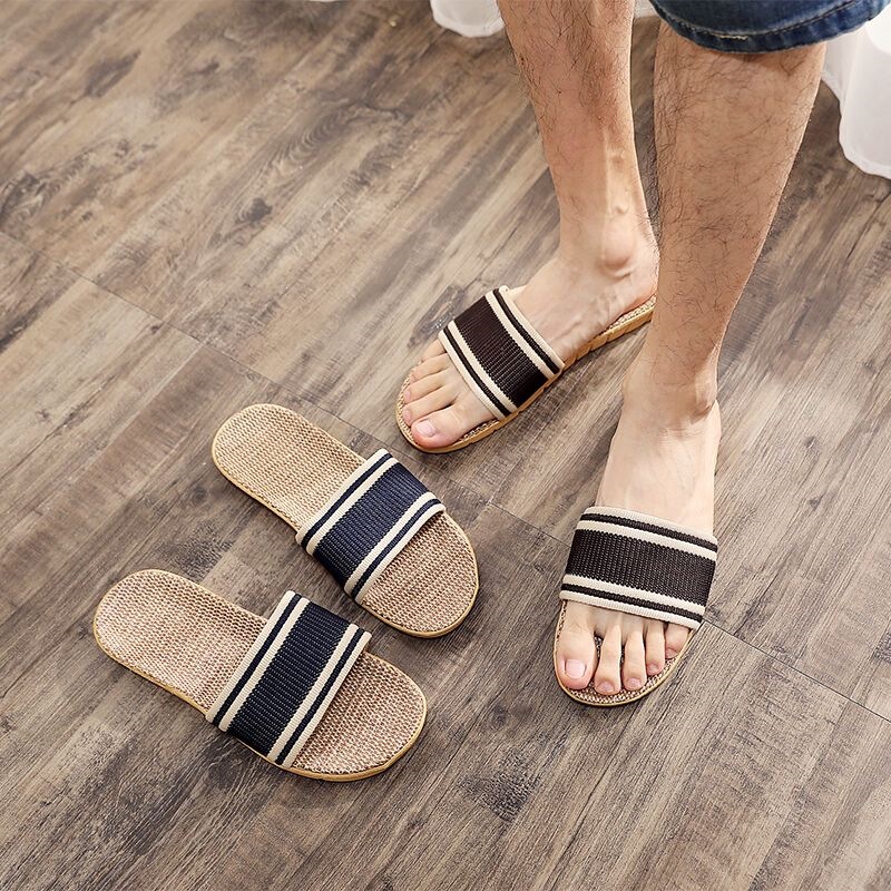 Linen Slippers for Women, Summer Home Use, Non-Slip Thick-Soled Couple Style, Korean Version Cotton and Linen Slippers for Men, Autumn