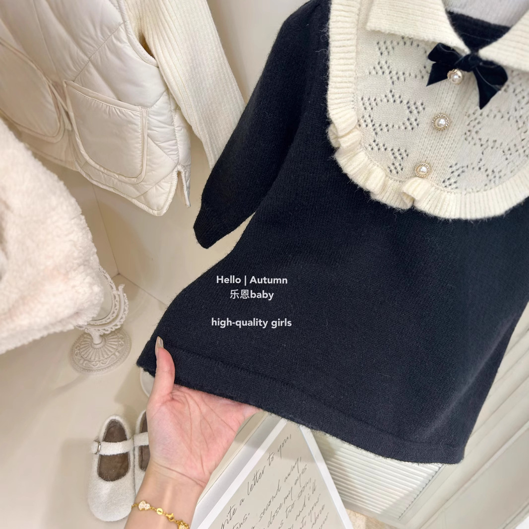 [Leen Kids] Otoño e invierno para niñas nuevo vestido de fragancia pequeña negra falda de punto de estilo occidental falda de princesa de moda