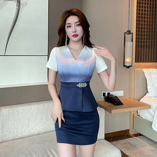 Beautician Work Clothes Women's New Beauty Salon Health Ear Picking Elegant Foot Bath Technician Clothes 8506 Short-sleeved Skirt