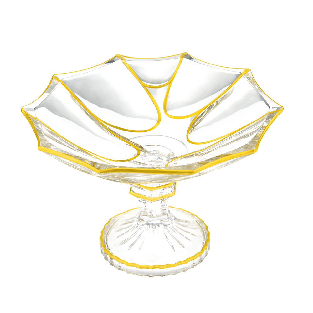 出口捷克風(fēng)格高腳水晶玻璃復(fù)古果盤客廳擺件創(chuàng)意果斗描金邊水果盤