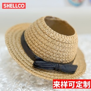 [Labubu Labubu Straw Hat] Retro Straw Hat Black Bow Decorative Small Brim Hat Cross-Border