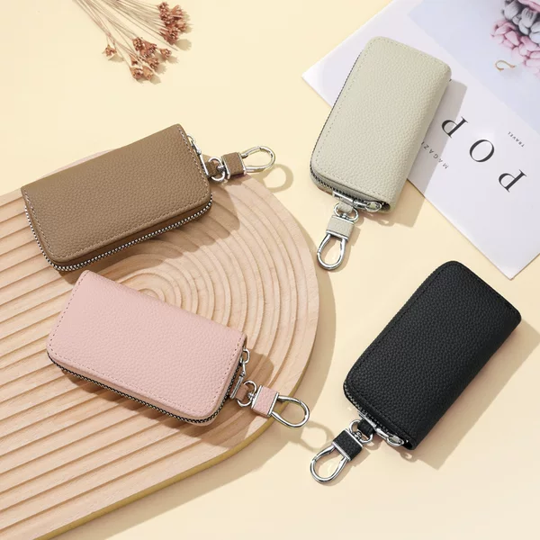 New Large Capacity PU Key Bag Men's Zipper Men's Car Key Bag Cowhide Multifunctional Waist Hanging Key Bag Women