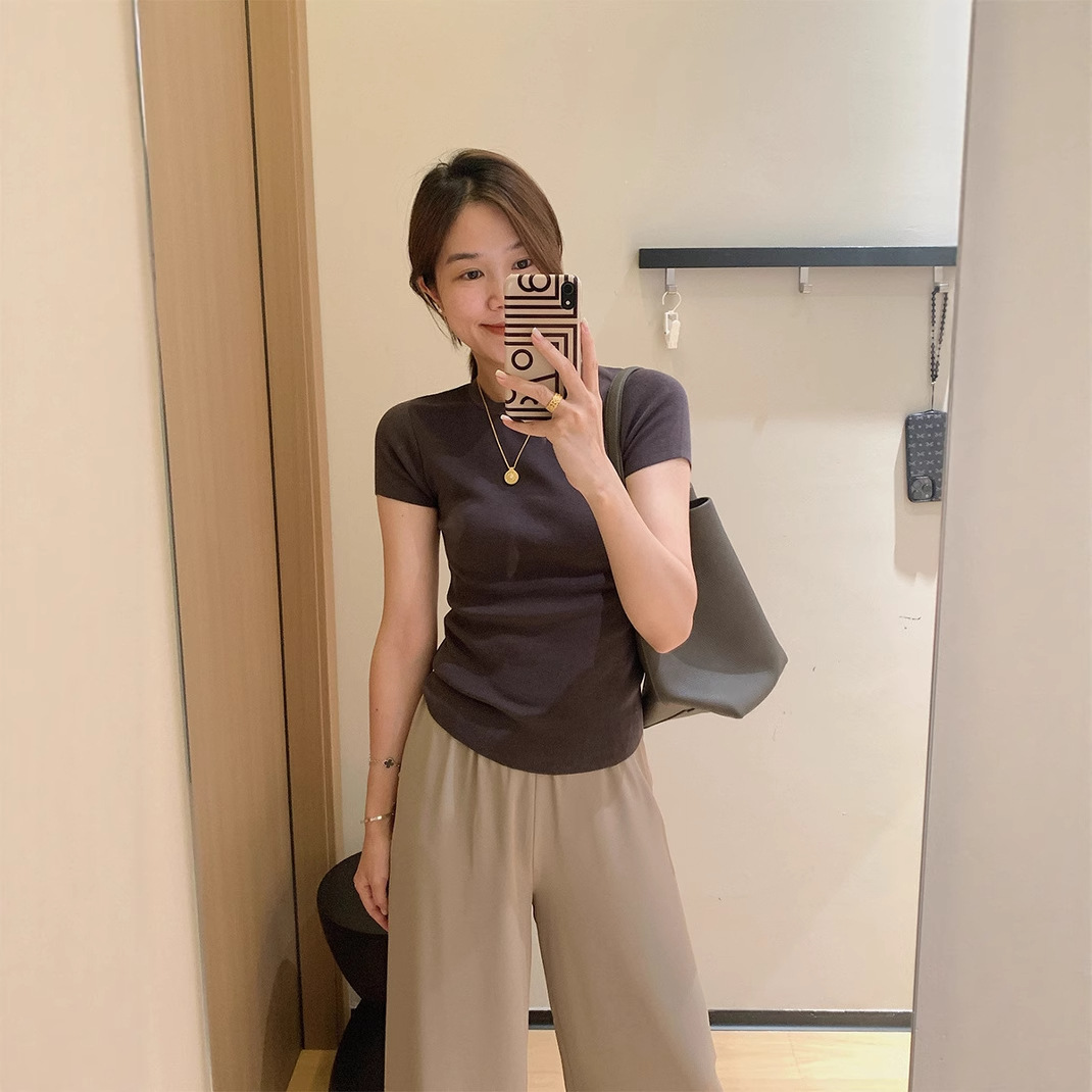 100支棉纱+醋酸!董洁同款正肩T恤女2025夏季显瘦针织短袖女夏25