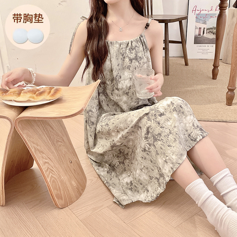 Verano 2024 aumento de peso con cojín de pecho fresco vestido de pijama de estudiantes de niña cabina de algodón Wal-Mart ropa de hogar media y larga