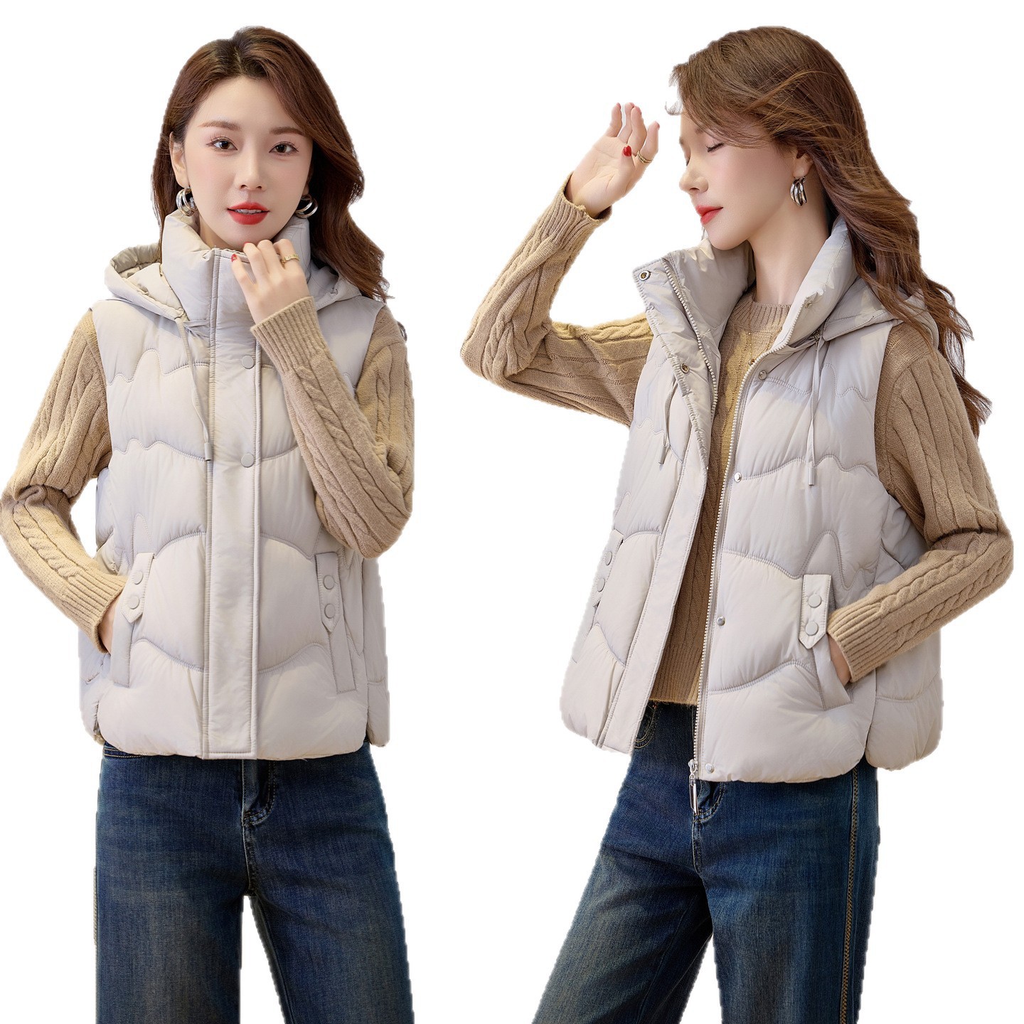 2025 otoño y invierno corto estilo coreano de moda nicho de diseño relajado sensación de collar grueso chaleco cálido abrigo de algodón image 6