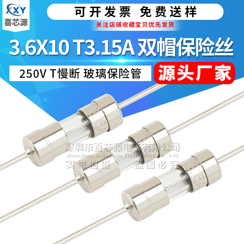 源头厂家 3.6*10mm玻璃保险丝T3.15A 250V慢断双帽带引线脚保险管