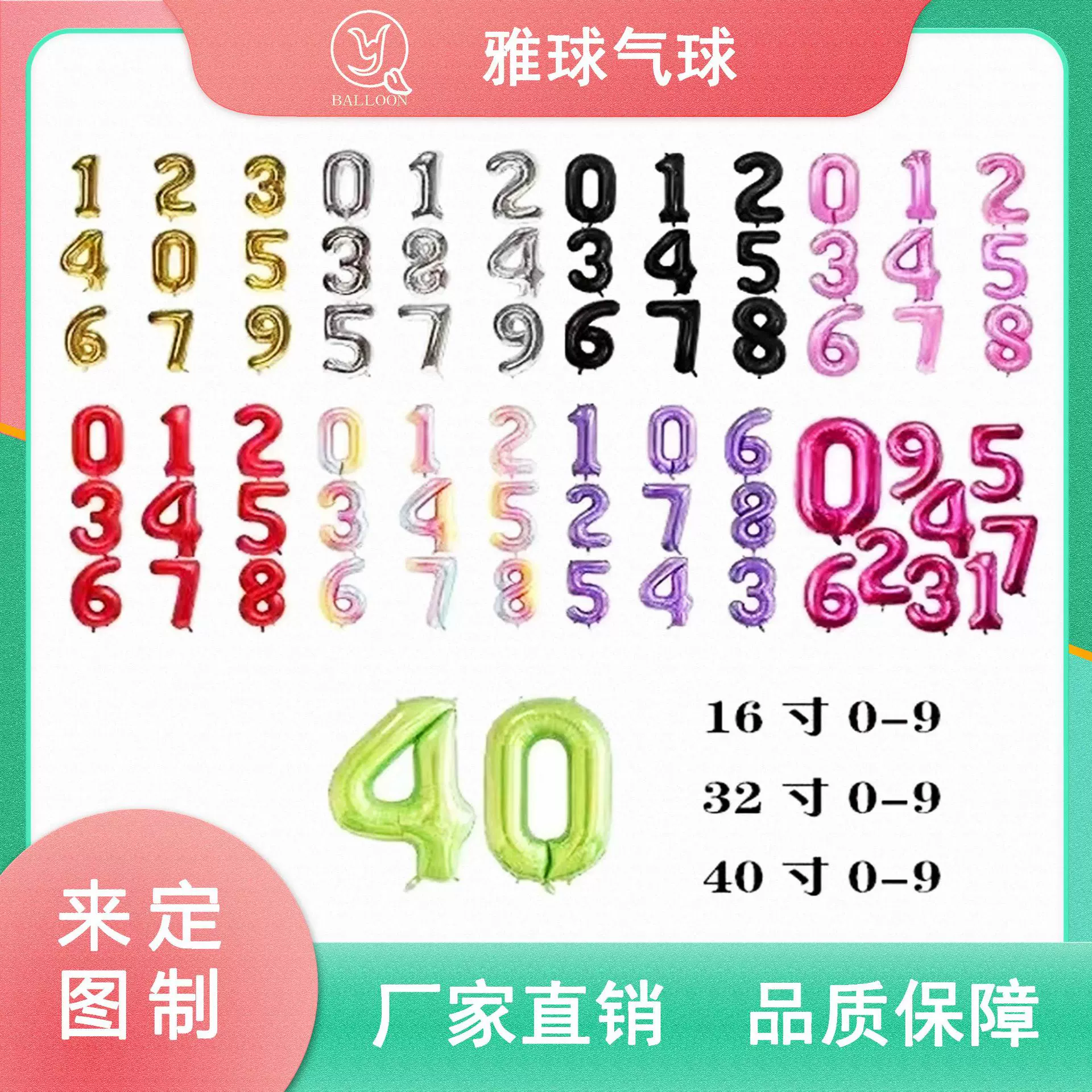 美版16寸32寸40寸数字铝膜气球瘦体套装生日派对装饰飘空铝箔气球