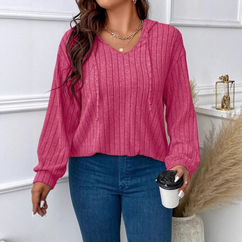European and American-style spring/autumn solid-color loose-fitting plus-size top with V-neck, hooded design, and long sleeves—crafted from brushed ribbed fabric.
