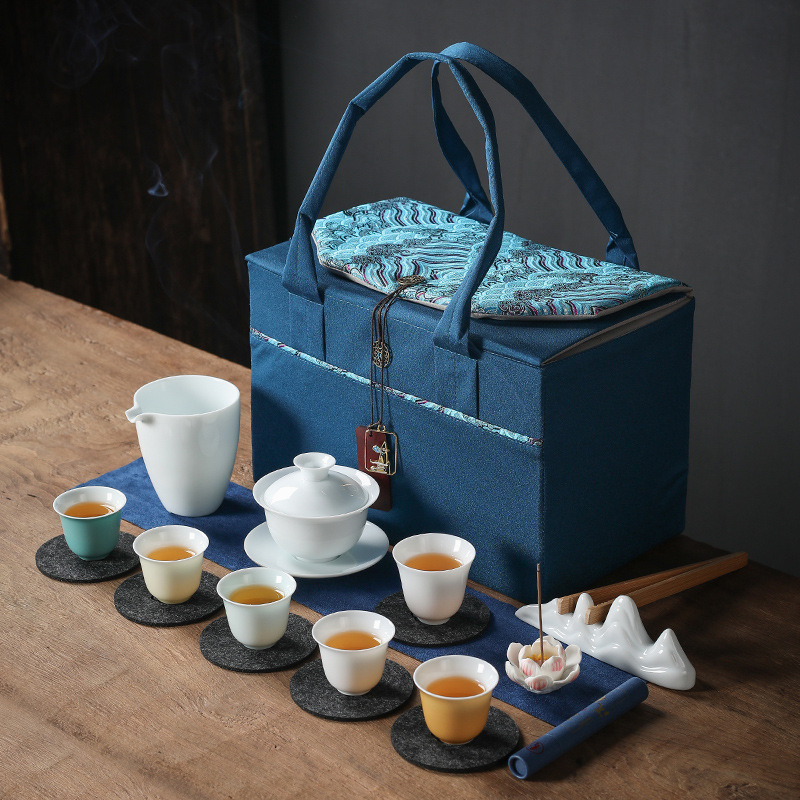 Dehua White Porcelain Yili Jade Gemstone Yellow Zen Gongfu Tea Set Portable Bag Travel Creative Gift Tea Cup 
