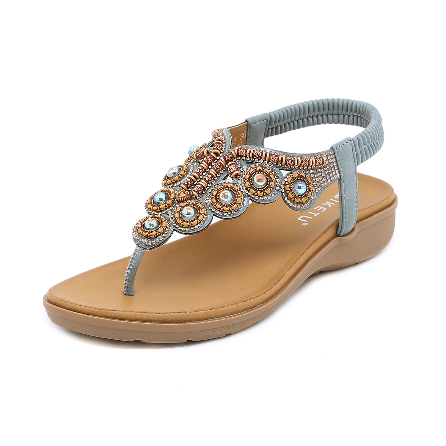 2024 verano nuevo estilo bohemio flip-flops con cuentas rhinestone hebilla elástico talón goma banda zapatos de mujer