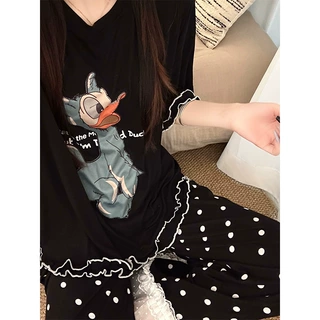 可爱卡通唐老鸭印花短袖睡衣女春夏季新款家居服长裤休闲套装外穿