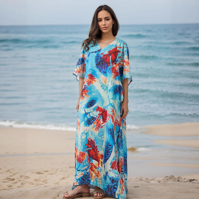 Cross-Border Amazon Hot-Selling European and American Rayon Watermark Positioning Print Beach Vacation Loose-Fitting Sun-Protective Bay Robe