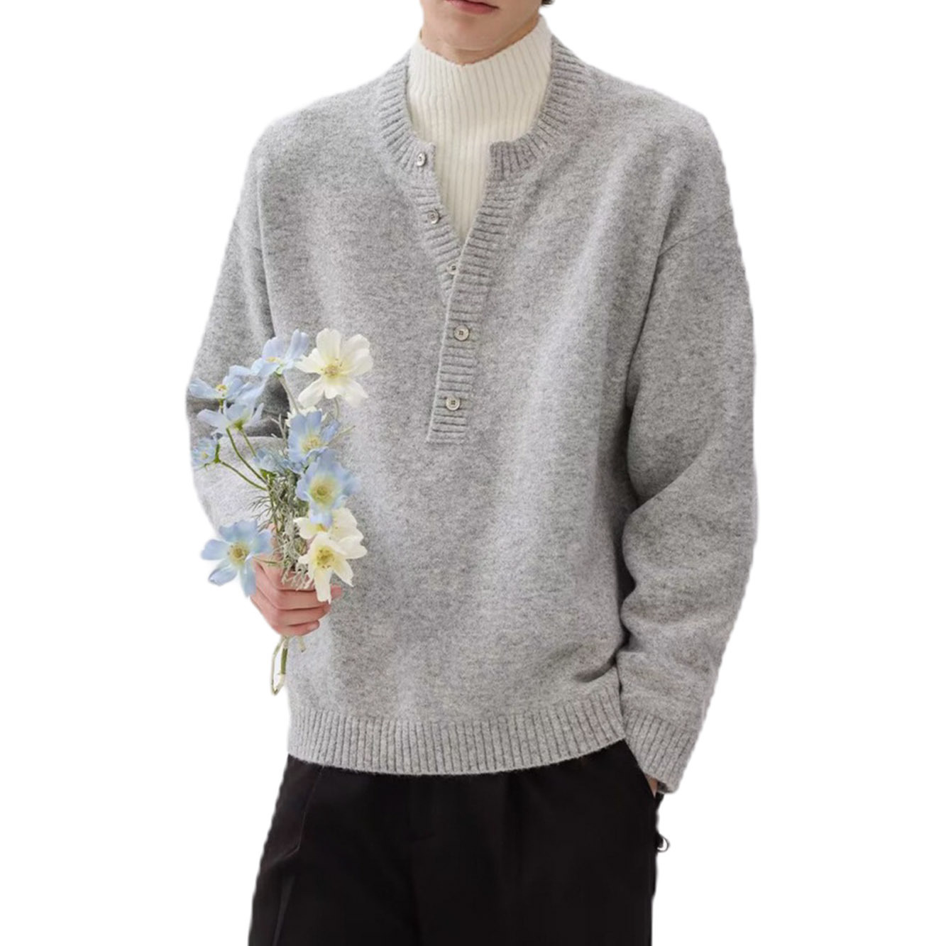 Explosiones transfronterizas de tamaño grande falso de tamaño europeo dos piezas de camisetas de punto de cuello medio alto suéter hombre viejo dinero de la fábrica de botón de moda al por mayor