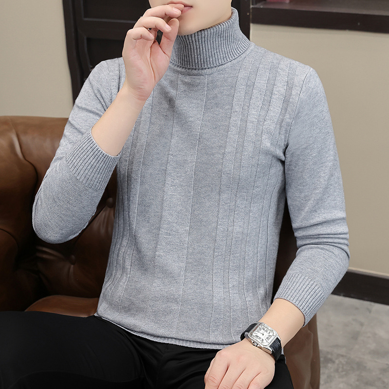 Trendy Vertical Ribbed Turtleneck Sweater for Men, New Autumn and Winter Slim-Fit Pullover Knit Base Shirt for Teenagers