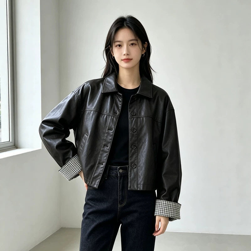Áo khoác da PU nữ dáng ngắn cổ bẻ, phong cách Hàn Quốc, thời trang casual, dáng rộng, dễ phối đồ, retro, mùa thu — Màu nâu cà phê, màu đen
