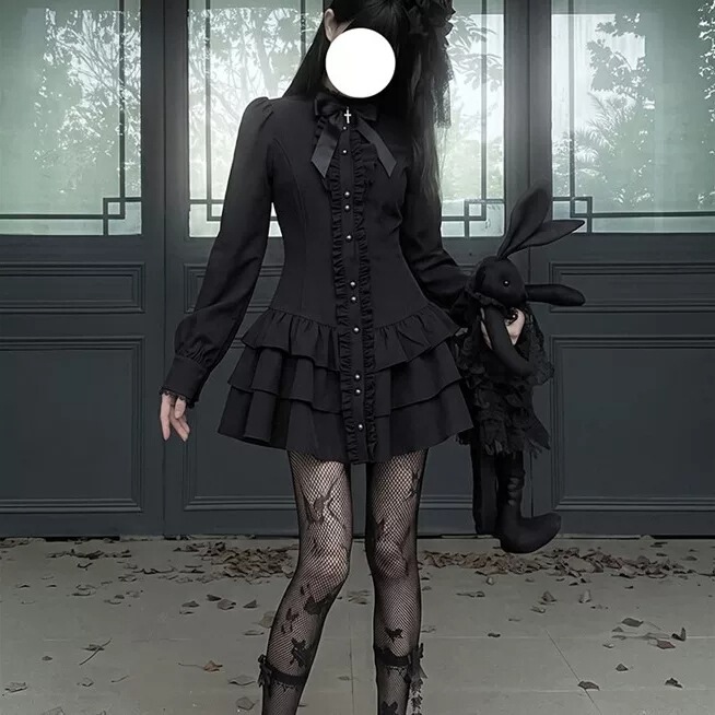 Gothic-style evening slim-fit black lace shirt dress, new spring/autumn collection, retro and elegant, with a cinched waist