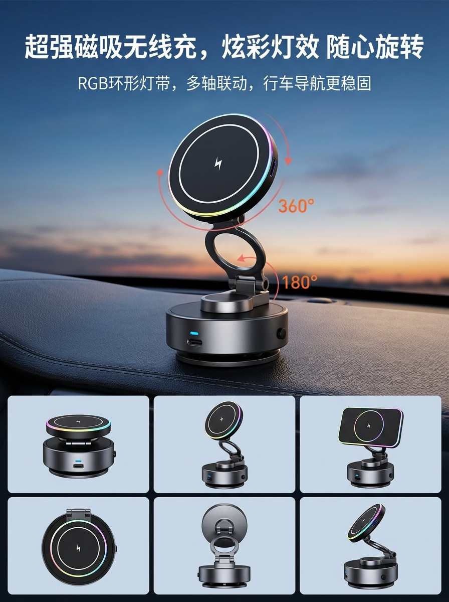 Wireless charging car phone holder, center console navigation stand, third-generation rotating car phone mount, wholesale