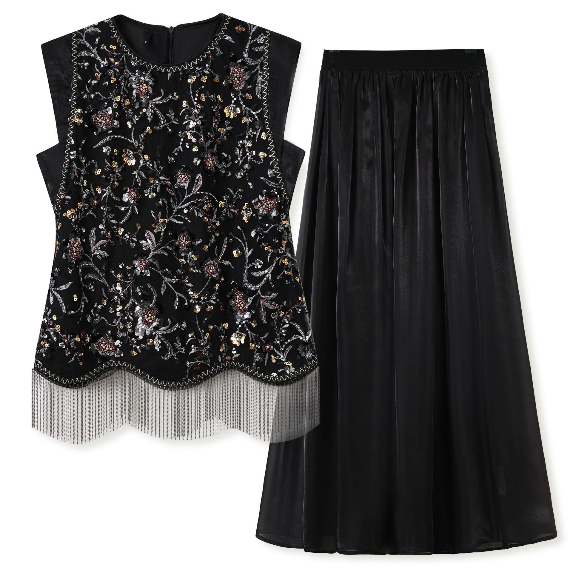 Set vest nữ công sở thêu sequin tua rua — bộ đồ, nửa váy, Trang chủ