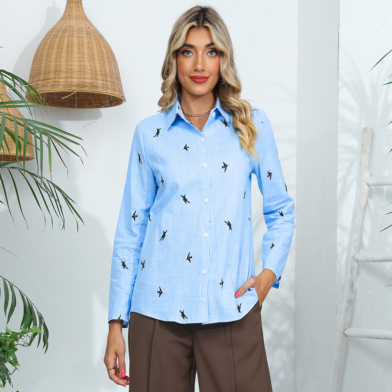 Amazon Foreign Trade New Cotton and Linen Animal Print Casual Loose Lapel Long-Sleeved Shirt for Women Pg249