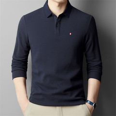 正品トミー2024春秋衝突色襟poloシャツ純色シルク綿長袖tシャツ上着男性