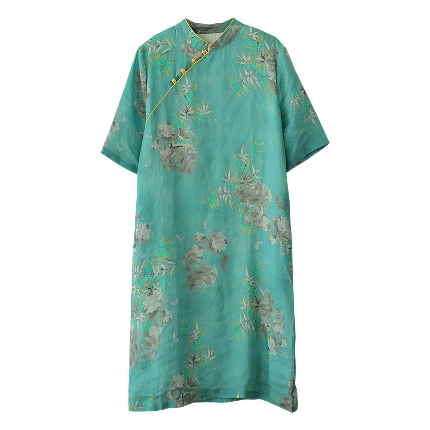 2022 летнее Новое художественное свободное женское толстое модное платье рами с принтом и воротником-стойкой с пряжкой больших размеров