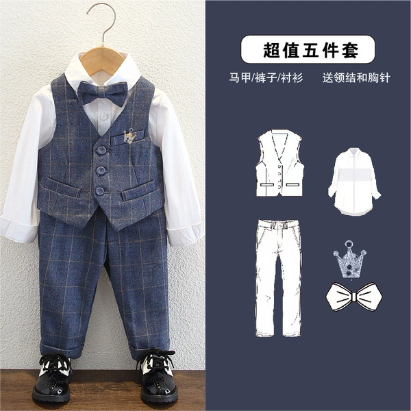 Vest, trousers, shirt, bow tie, brooch