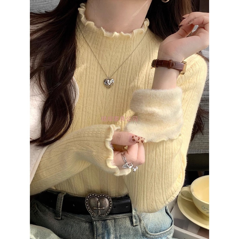 半高领木耳边一体绒毛衣女士秋冬内搭冬季保暖加绒加厚打底衫上衣