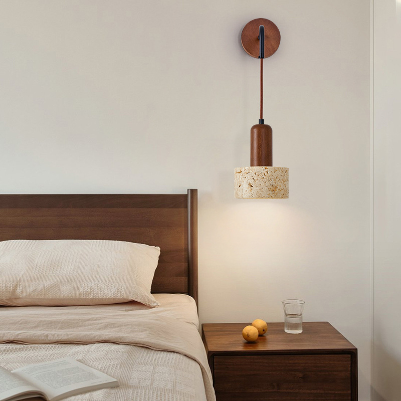 lámpara de pared de nuez cabeza de cama de madera de nuez amarilla sala de estar de madera de duraco estilo japonés retro dormitorio residencial nórdico cueva lámpara de pared de piedra