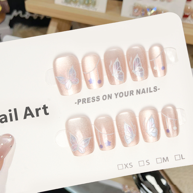 Fm-306 Fake Nails, Fluttering Butterfly Cat-Eye Handmade Sealing Layer, Atmospheric Patch, Removable Nail Art, Wearable Nails for Women