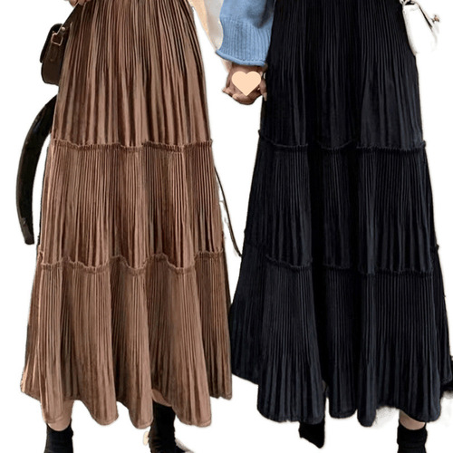 Velvet Semi-Body Skirt for Women - Spring 2025 Medium Length Tiered Dress with High Waist Slimming Effect and Draping Pleated Skirt