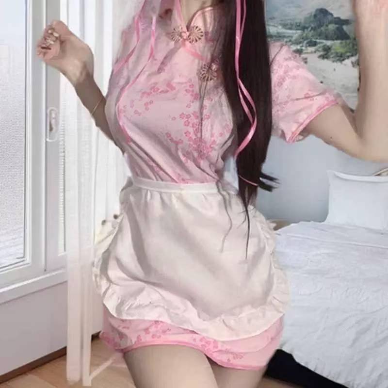 Cheongsam Maid Apron Lingerie Set, Two-Piece Pink Roleplay Outfit, One Size — detail image 5