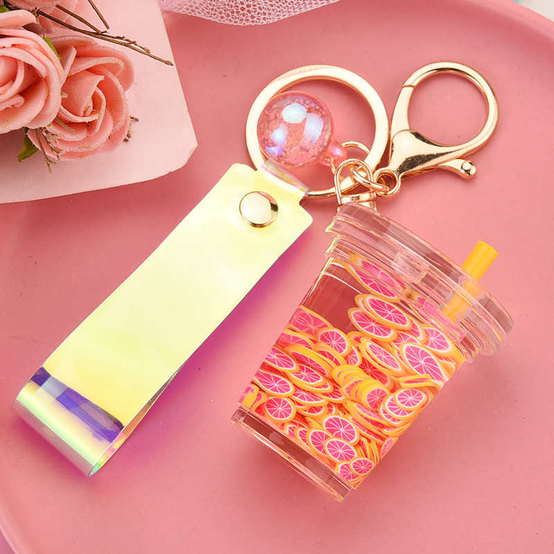 Creative Milk Tea Cup Simulation Fruit Piece Floating Leather Rope Key Chain Wholesale Nihaojewelry display picture 7